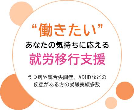 “働きたい”あなたの気持ちに応える就労移行支援 うつ病や統合失調症、ADHDなどの 疾患がある方の就職実績多数