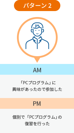 （パターン2）午前の「PCプログラム」に興味があったので参加した。午後は個別で「PCプログラム」の復習を行った。